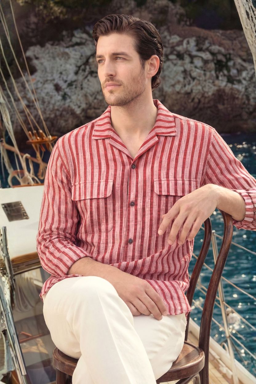 Stripe Red Textured Khadi Cotton Cuban Shirt - Image 2