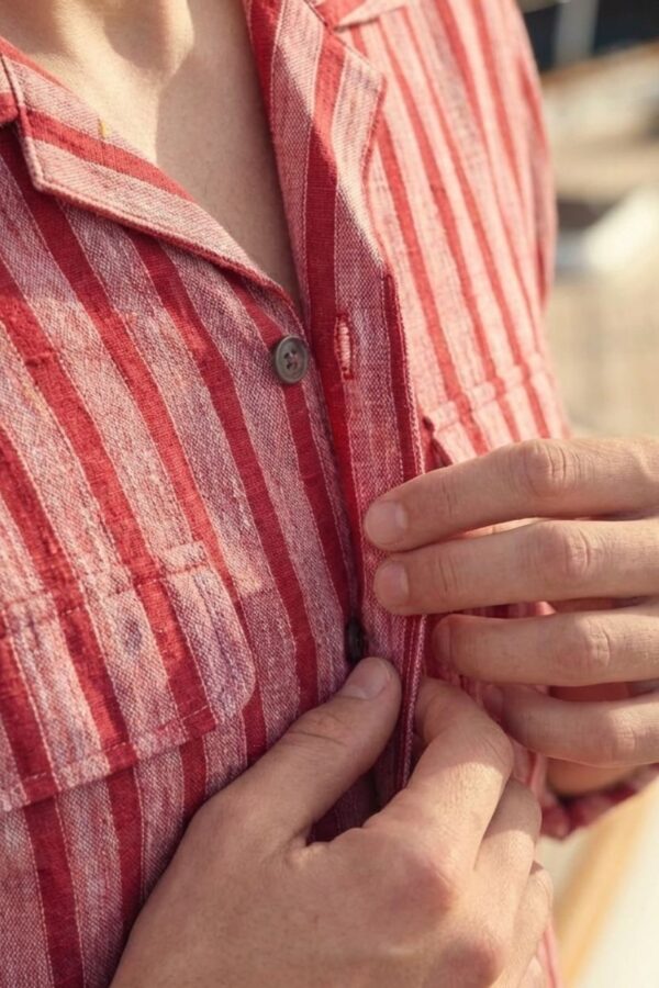 Stripe Red Textured Khadi Cotton Cuban Shirt