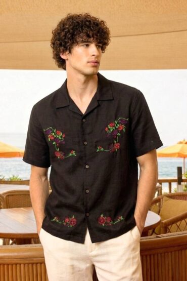 Black Embroidered Rose Shirt for Men