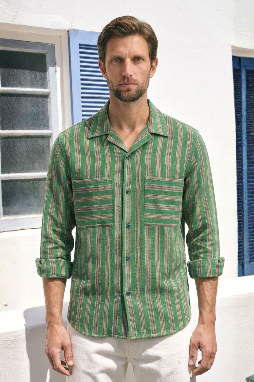 The Cypress Green Striped Khadi Shirt