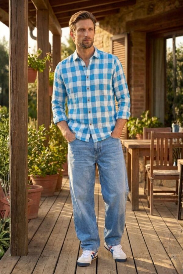 Men’s Sky Blue Check Cotton Khadi Shirt