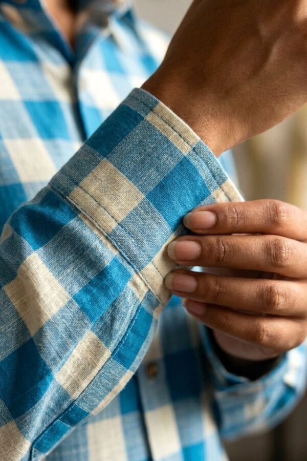 Men’s Sky Blue Check Cotton Khadi Shirt
