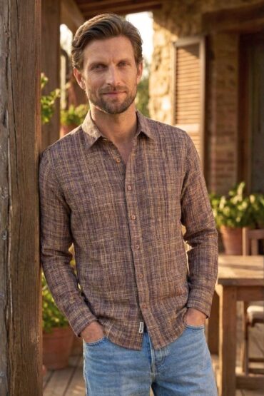 Men’s Brown Textured Check Cotton Khadi Shirt