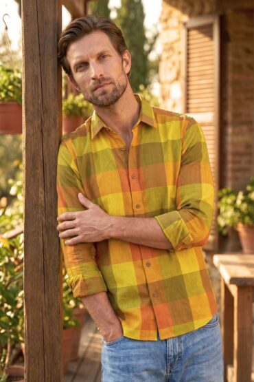 Men’s Mustard Yellow Check Cotton Khadi Shirt