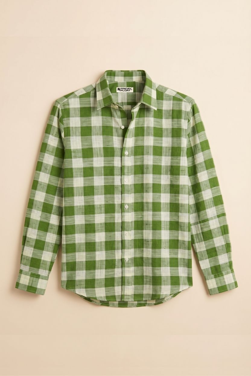 Green Rustic Check Casual Cotton Khadi Shirt for Men - Image 5