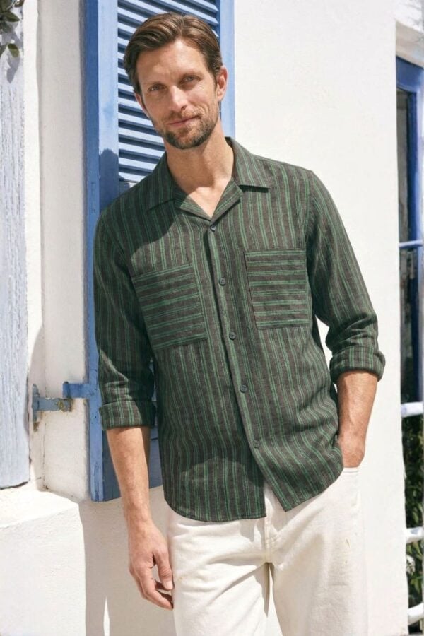 The Pine Green Striped Khadi Shirt