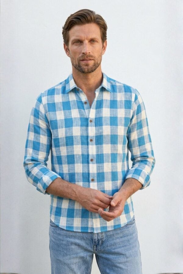 Men’s Sky Blue Check Cotton Khadi Shirt