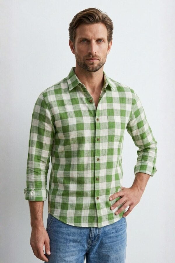 Green Rustic Check Casual Cotton Khadi Shirt for Men