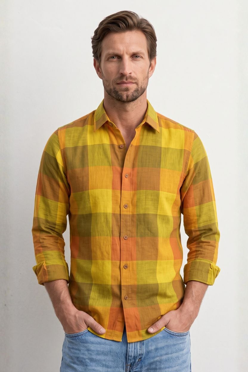 Men’s Mustard Yellow Check Cotton Khadi Shirt