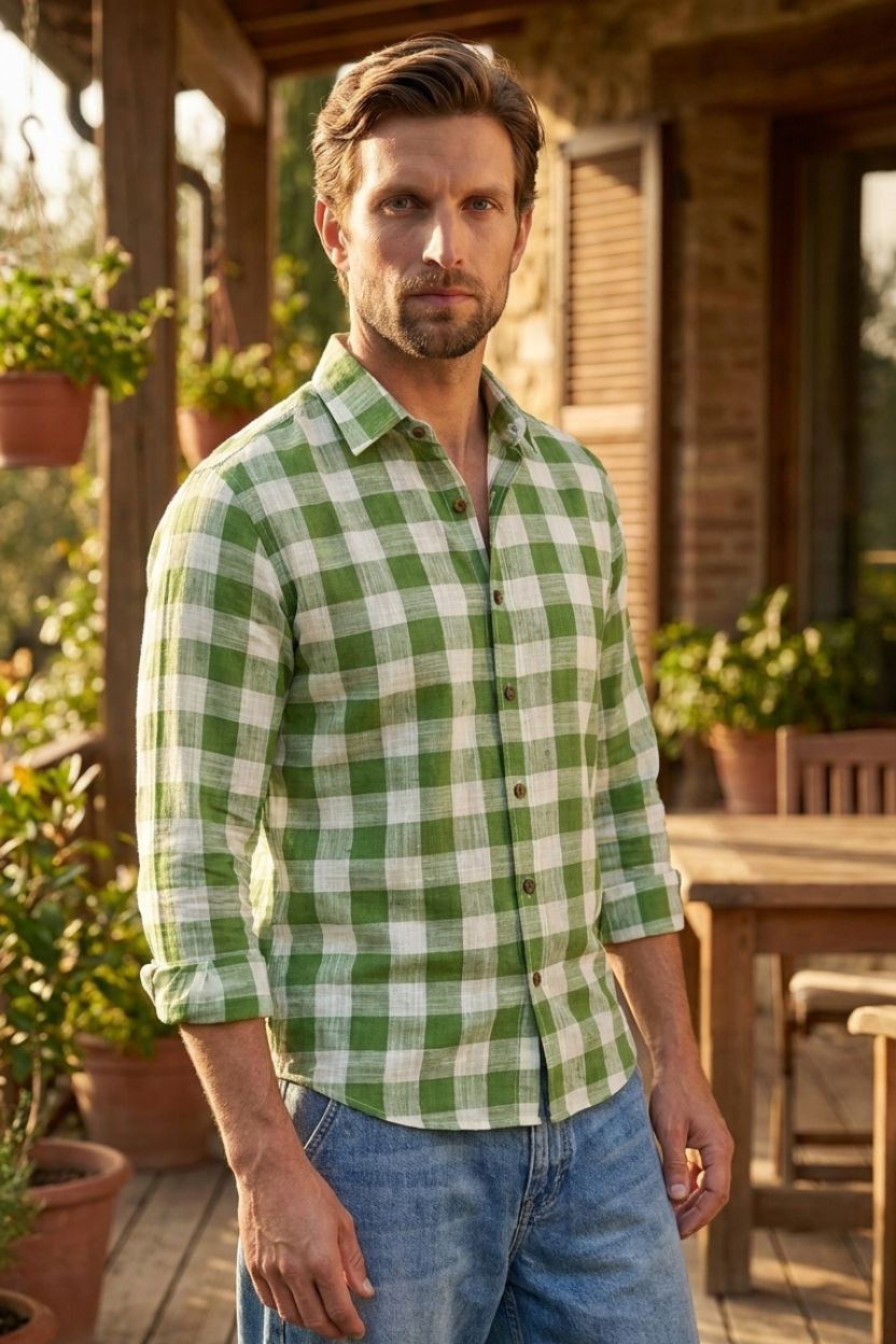 Green Rustic Check Casual Cotton Khadi Shirt for Men