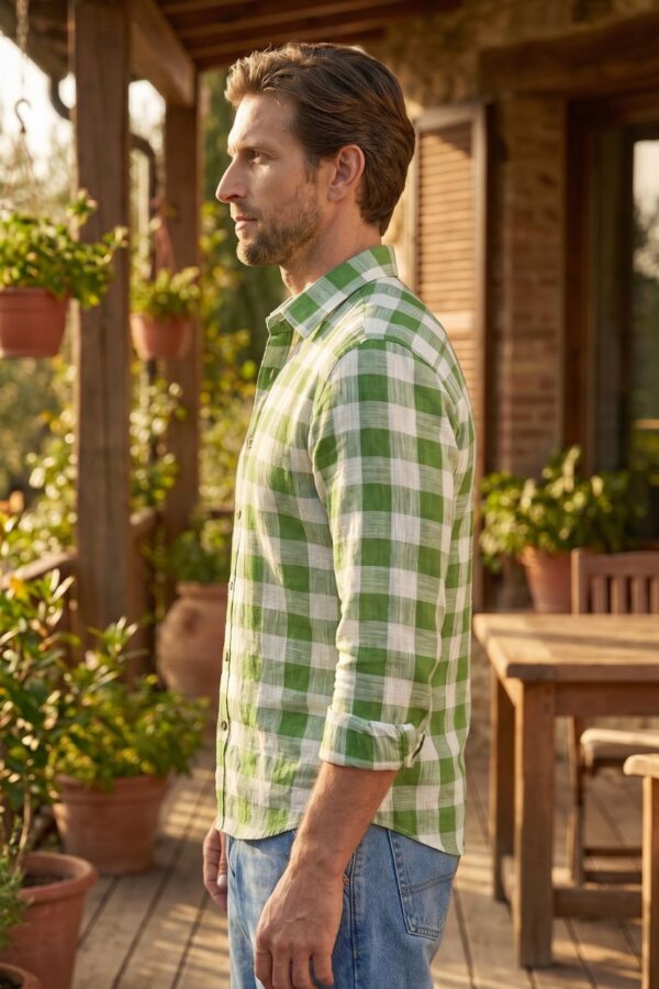 Green Rustic Check Casual Cotton Khadi Shirt for Men