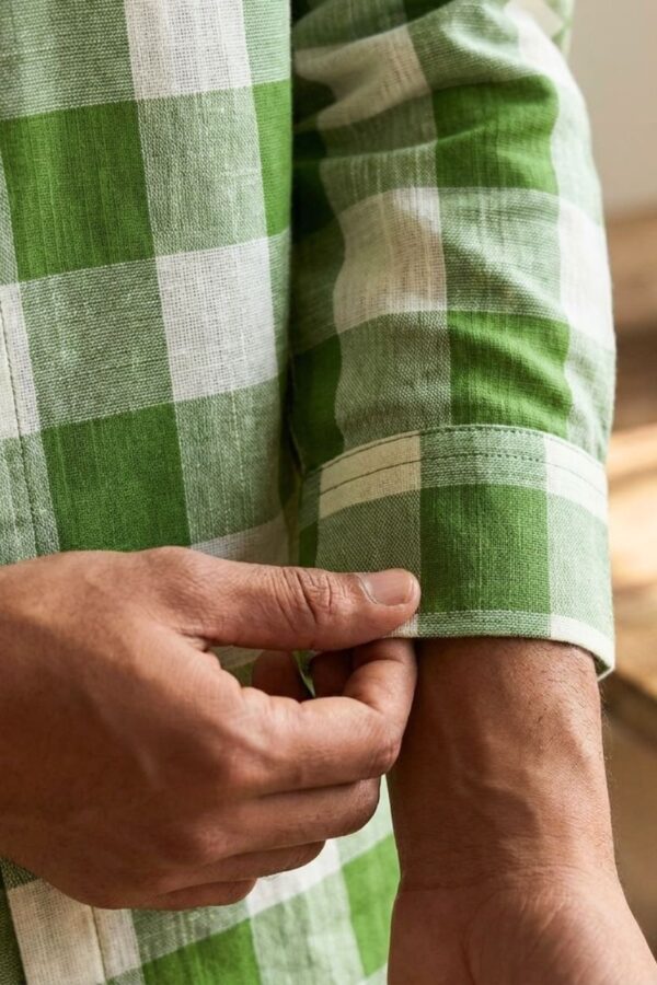 Green Rustic Check Casual Cotton Khadi Shirt for Men
