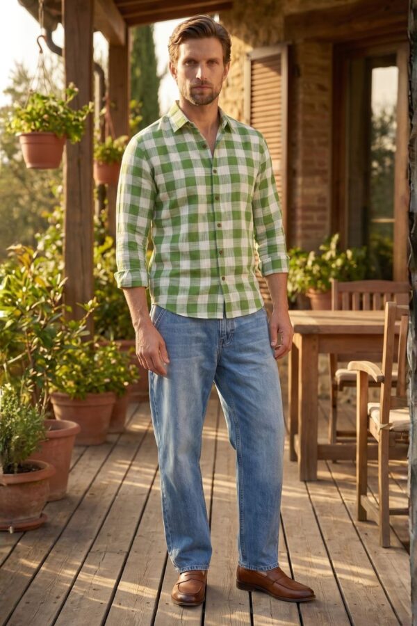 Green Rustic Check Casual Cotton Khadi Shirt for Men