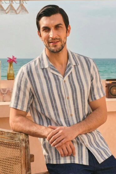 The Riviera Navy Stripe Khadi Shirt