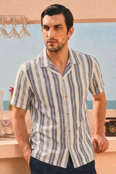 The Riviera Navy Stripe Khadi Shirt