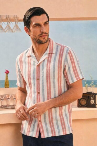 The Harbor Coral Stripe Khadi Shirt
