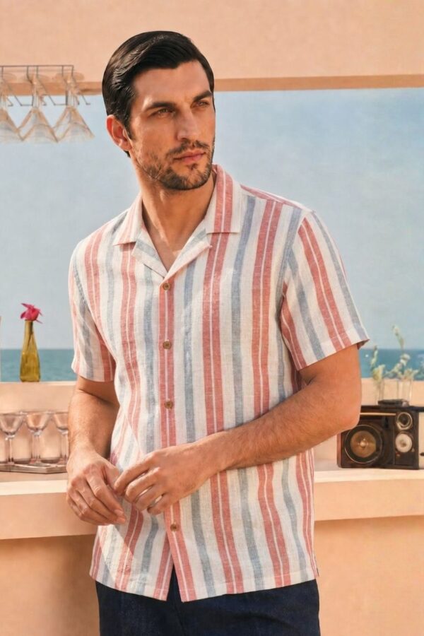 The Harbor Coral Stripe Khadi Shirt