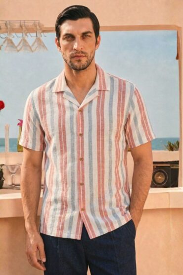 The Harbor Coral Stripe Khadi Shirt