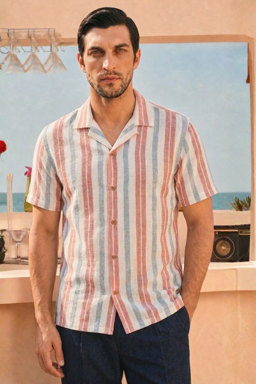 The Harbor Coral Stripe Khadi Shirt