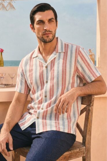 The Harbor Coral Stripe Khadi Shirt