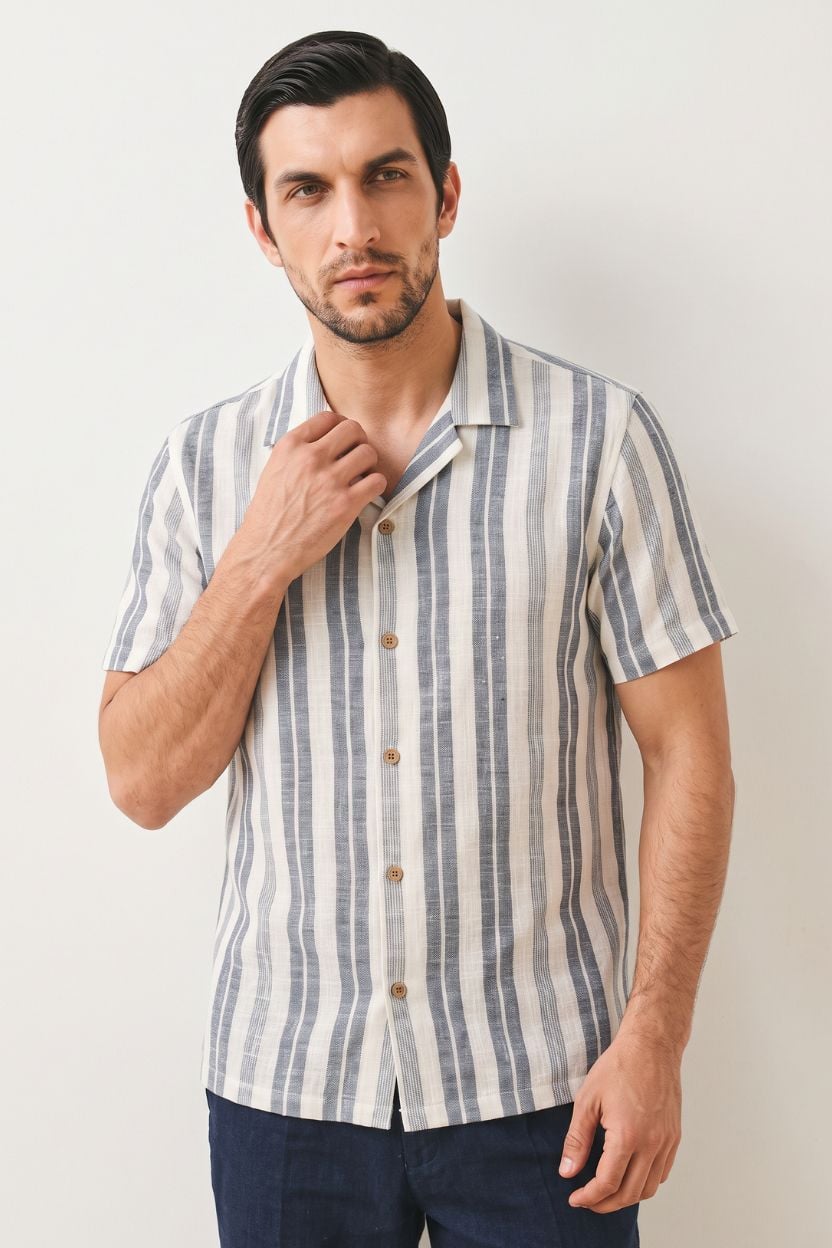 The Riviera Navy Stripe Khadi Shirt