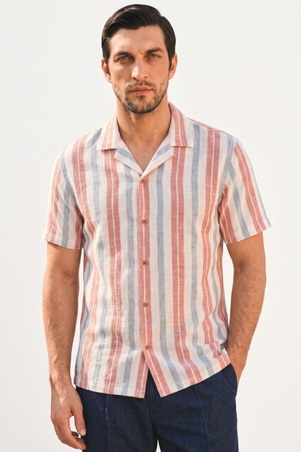The Harbor Coral Stripe Khadi Shirt
