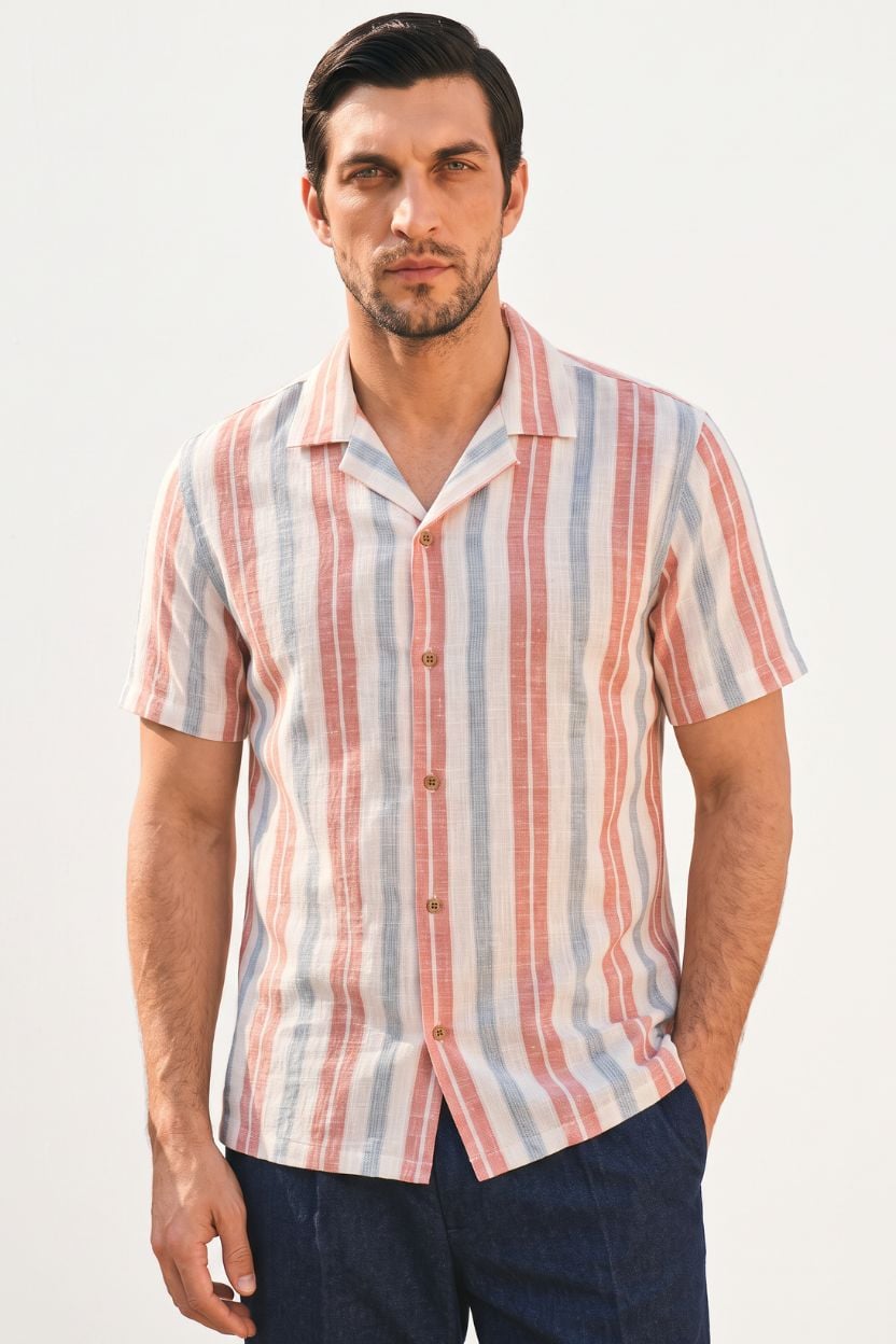 The Harbor Coral Stripe Khadi Shirt