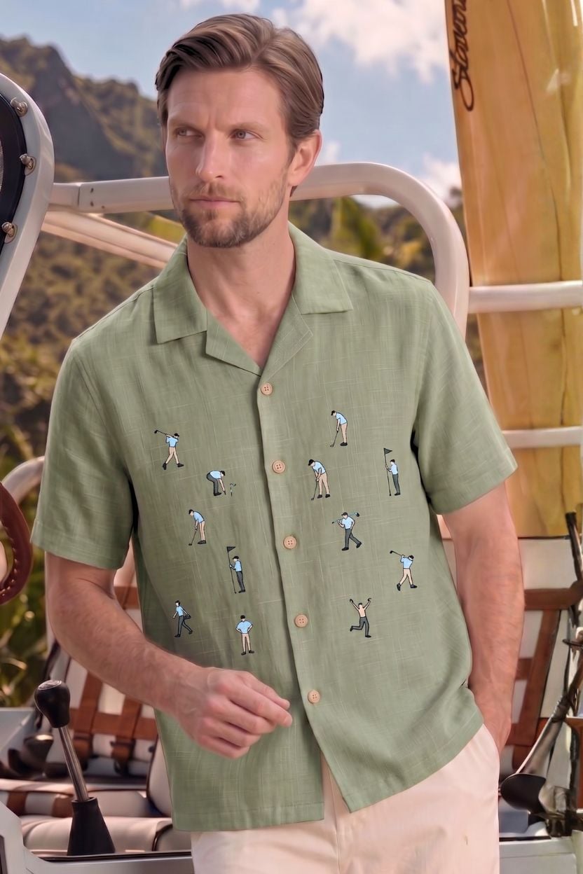 The Golf Fairway Green Embroidered Cotton-Linen Shirt - Image 2