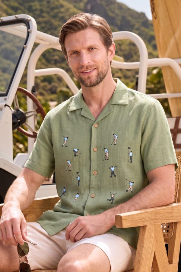 The Golf Fairway Green Embroidered Cotton-Linen Shirt
