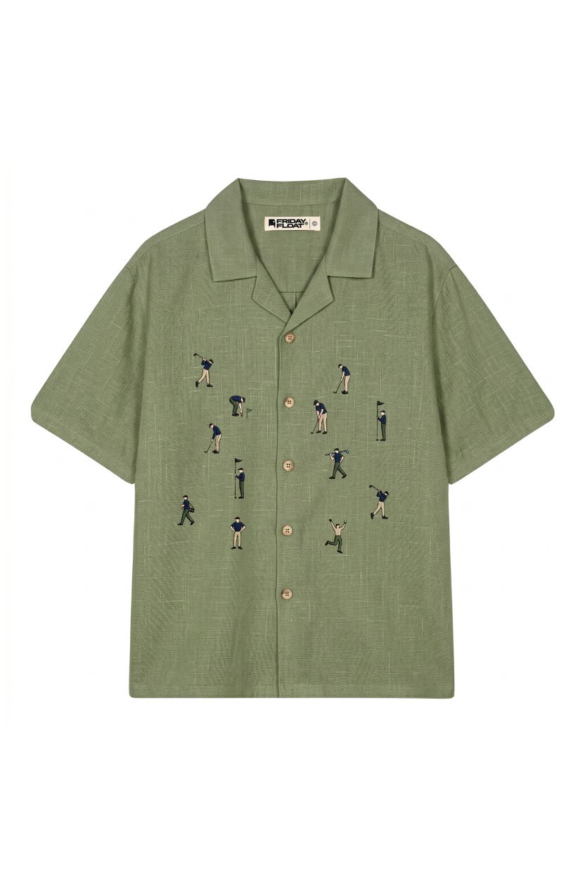 The Golf Fairway Green Embroidered Cotton-Linen Shirt - Image 4