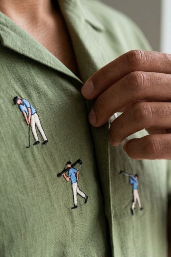 The Golf Fairway Green Embroidered Cotton-Linen Shirt