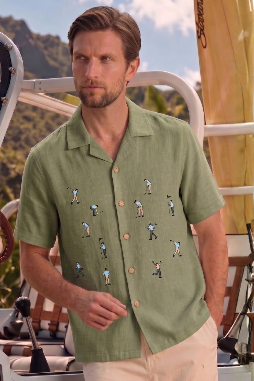 The Golf Fairway Green Embroidered Cotton-Linen Shirt