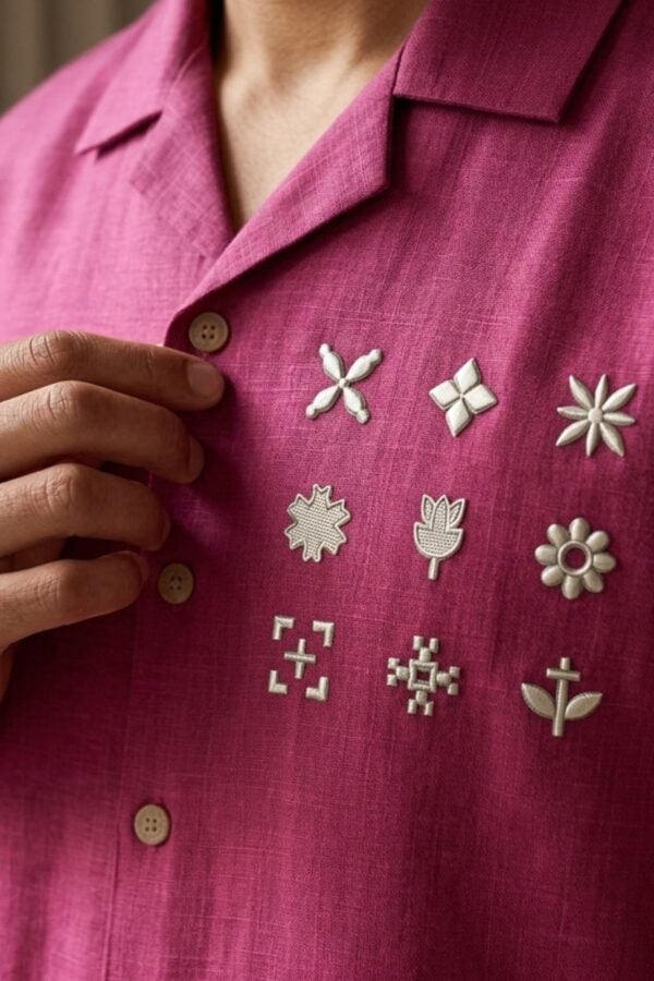 The Artisan Magenta Embroidered Cotton-Linen Shirt