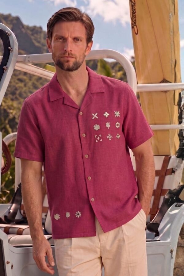 The Artisan Magenta Embroidered Cotton-Linen Shirt