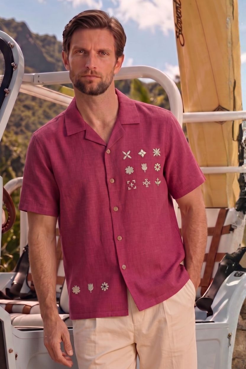 The Artisan Magenta Embroidered Cotton-Linen Shirt