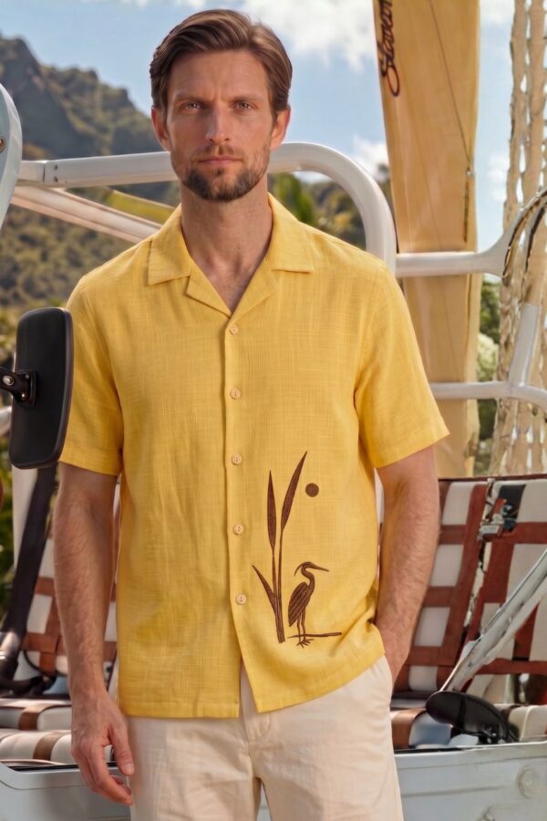 The Heron Motif Embroidered Cotton-Linen Shirt