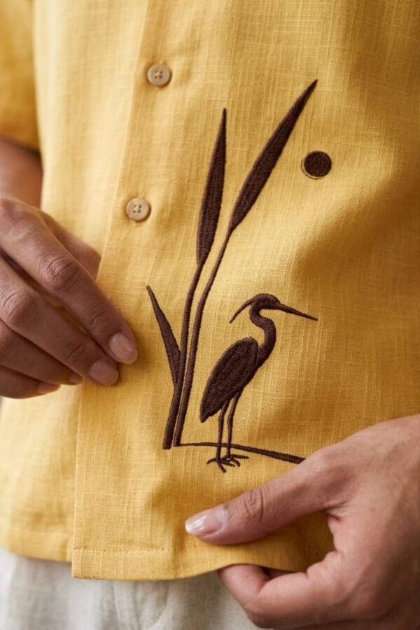 The Heron Motif Embroidered Cotton-Linen Shirt
