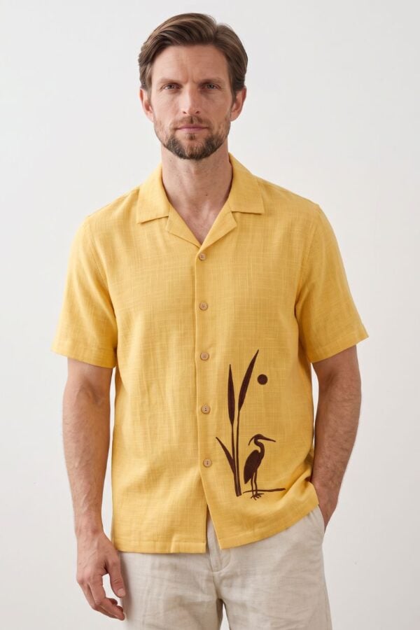 The Heron Motif Embroidered Cotton-Linen Shirt