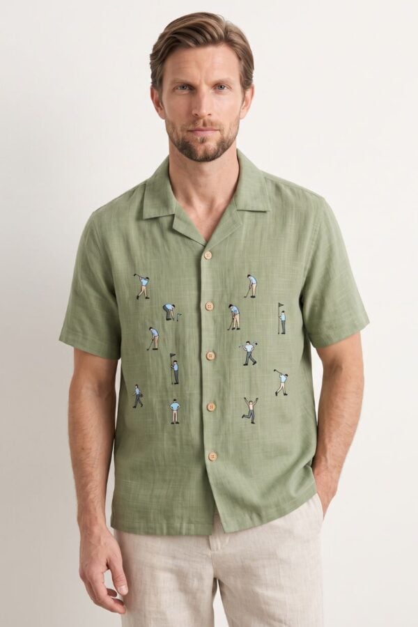 The Golf Fairway Green Embroidered Cotton-Linen Shirt