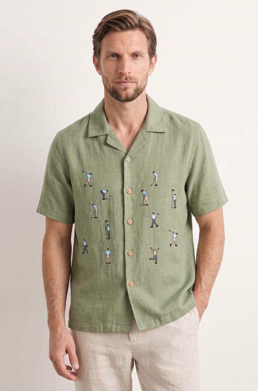 The Golf Fairway Green Embroidered Cotton-Linen Shirt