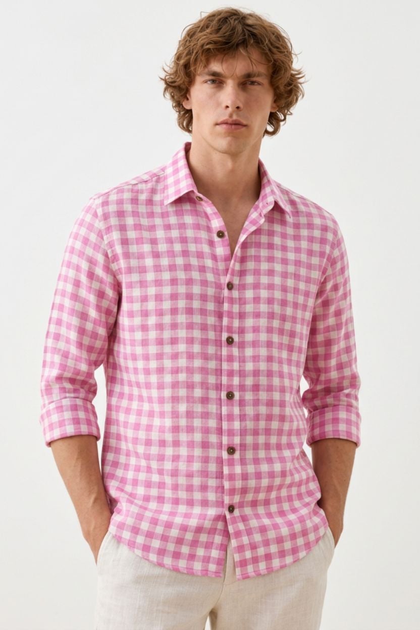 The Blossom Pink Gingham Khadi Shirt