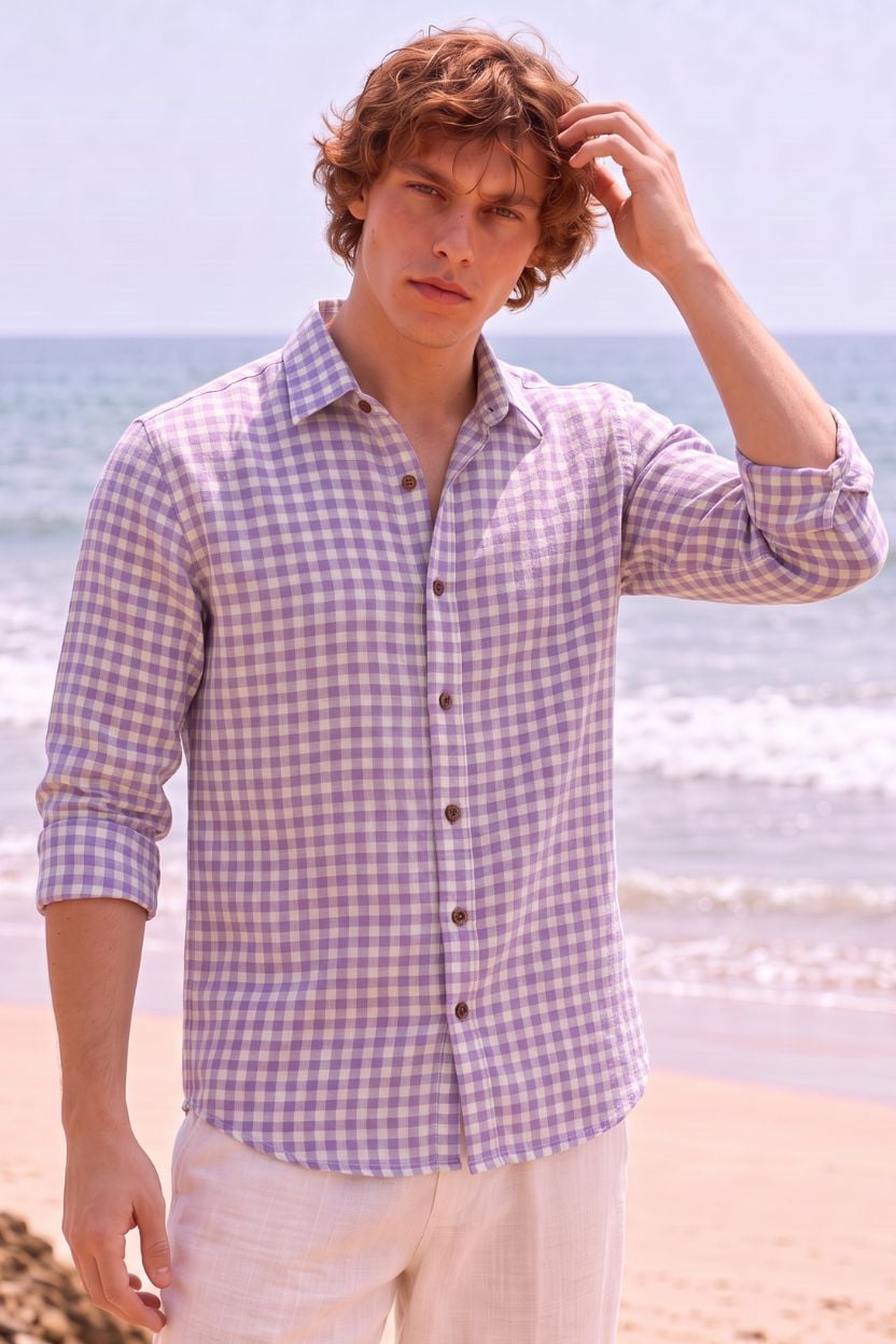 The Lavender Haze Gingham Khadi Shirt - Image 2