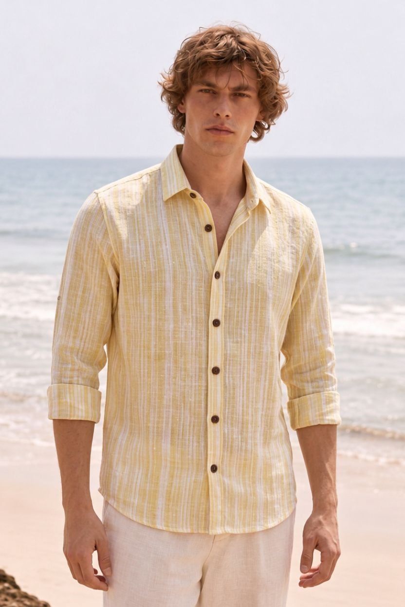 Yellow Textured Cotton Handloom Shirt