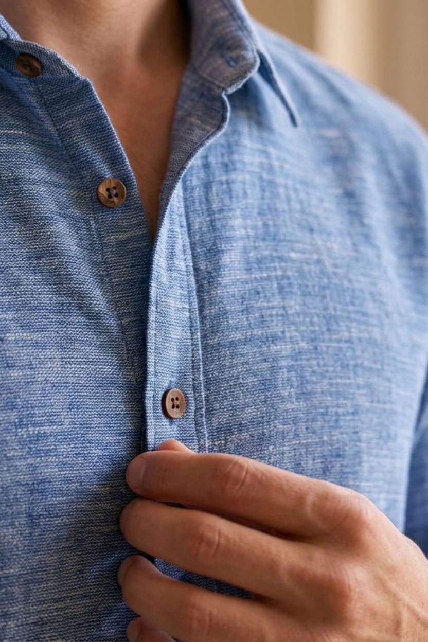 The Ocean Blue Melange Cotton Shirt - Image 4