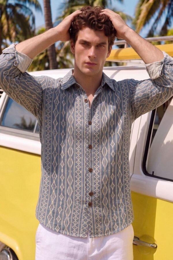 The Steel Blue Geometric Stripe Cotton Shirt