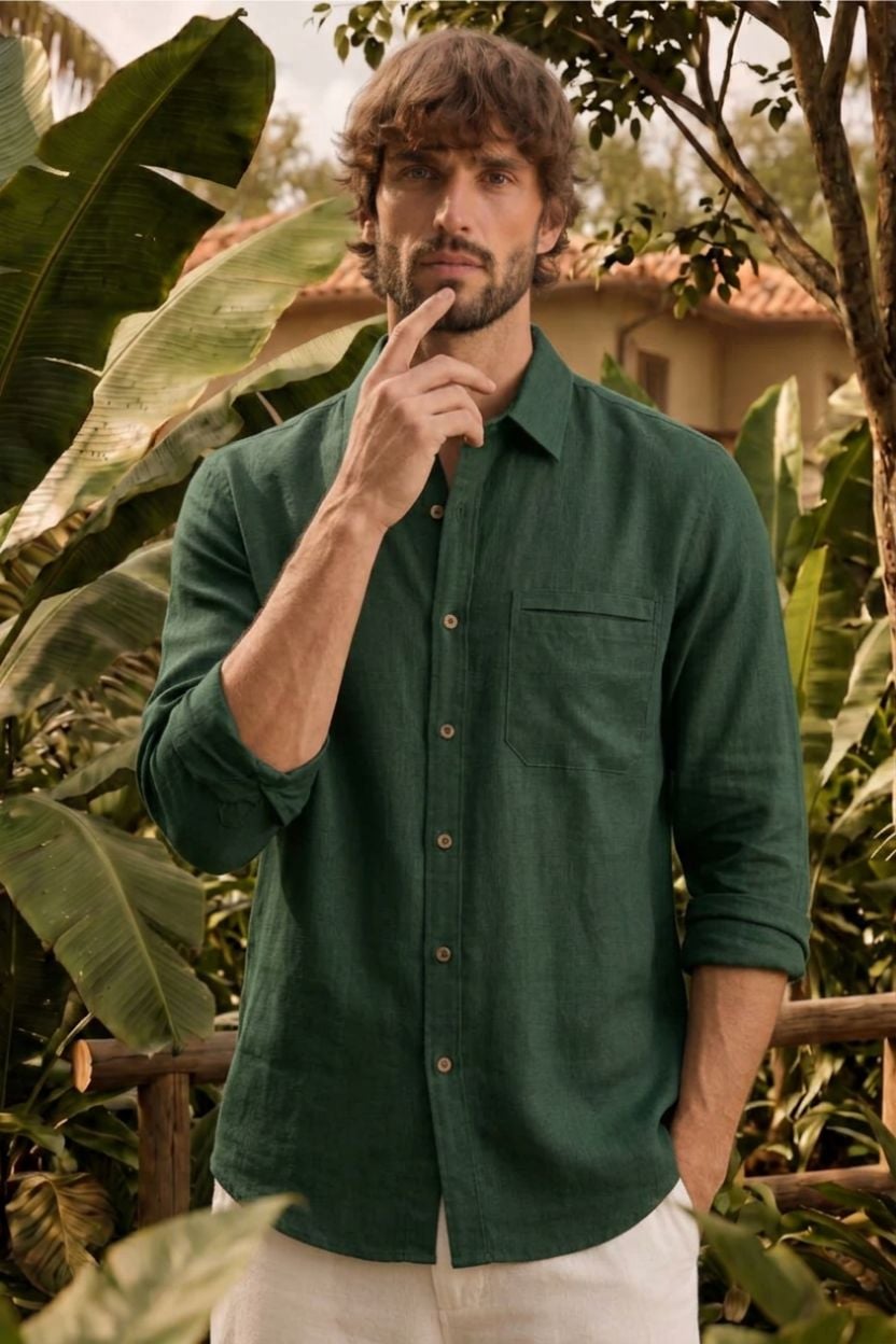 Forest Green Cotton-Linen Shirt - Image 2