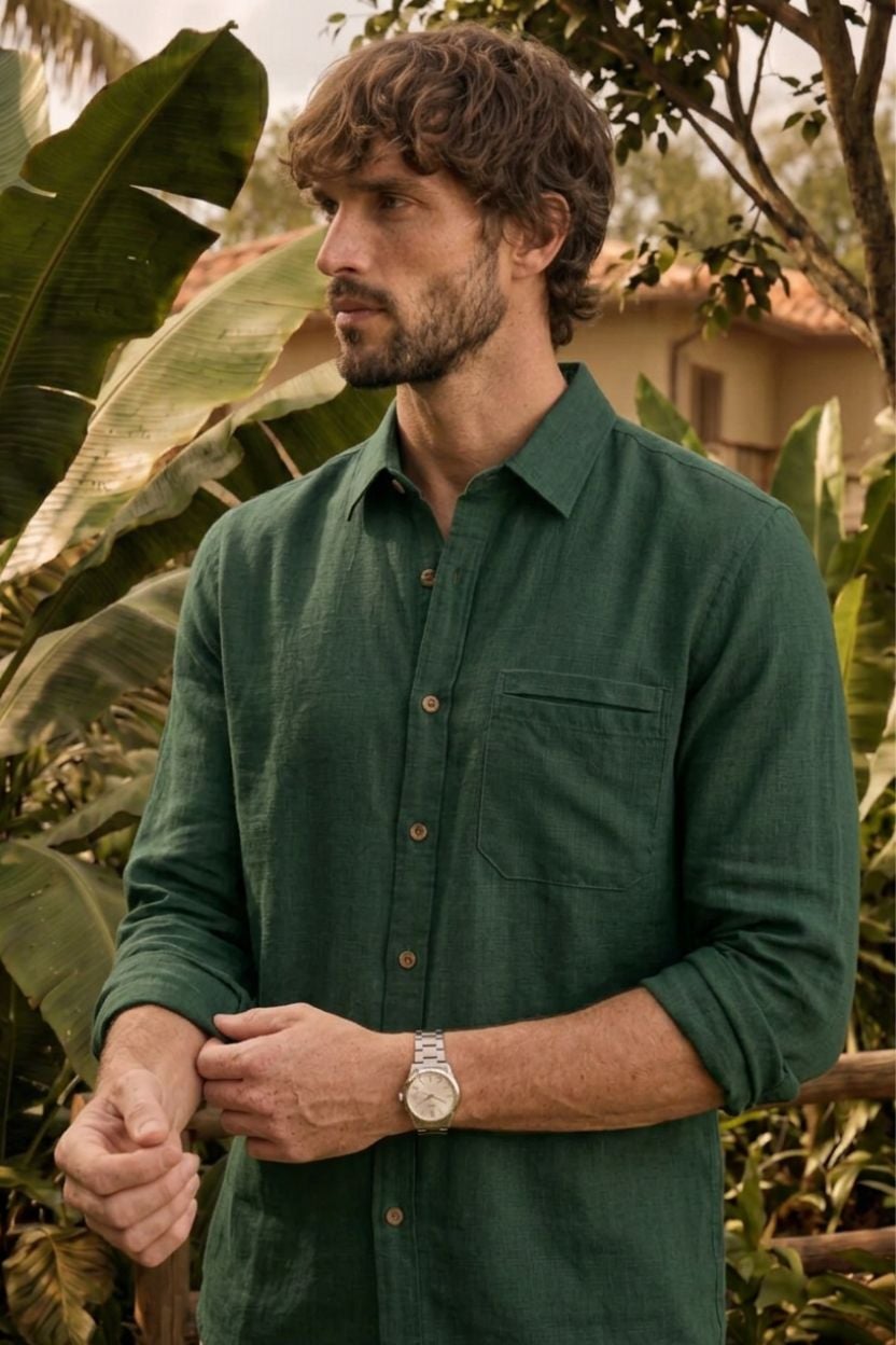 Forest Green Cotton-Linen Shirt - Image 3